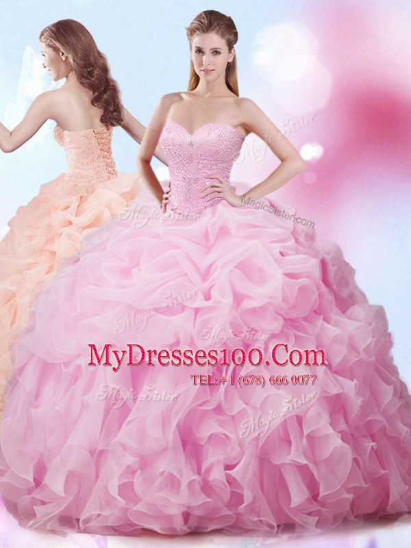Rose Pink Ball Gowns Sweetheart Sleeveless Organza With Brush Train Lace Up Beading and Ruffles and Pick Ups Quinceanera Gowns