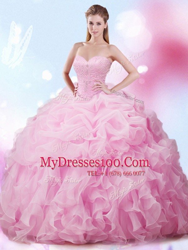 Rose Pink Ball Gowns Sweetheart Sleeveless Organza With Brush Train Lace Up Beading and Ruffles and Pick Ups Quinceanera Gowns
