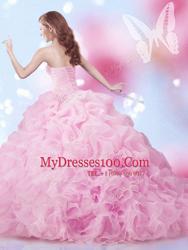 Rose Pink Ball Gowns Sweetheart Sleeveless Organza With Brush Train Lace Up Beading and Ruffles and Pick Ups Quinceanera Gowns