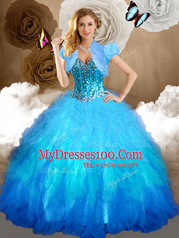 Four Piece Multi-color Sleeveless Floor Length Beading and Ruffles and Sequins Lace Up Quinceanera Dress