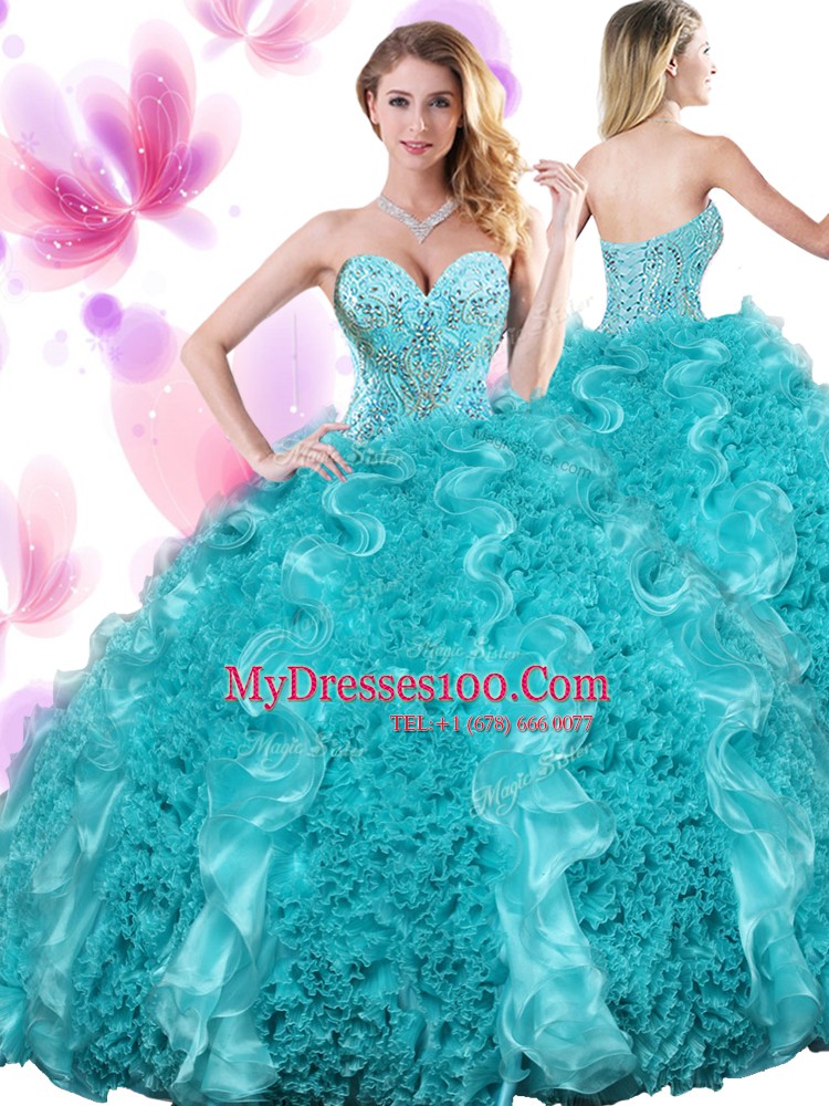 Enchanting Teal Sleeveless Floor Length Beading and Ruffles Lace Up Ball Gown Prom Dress