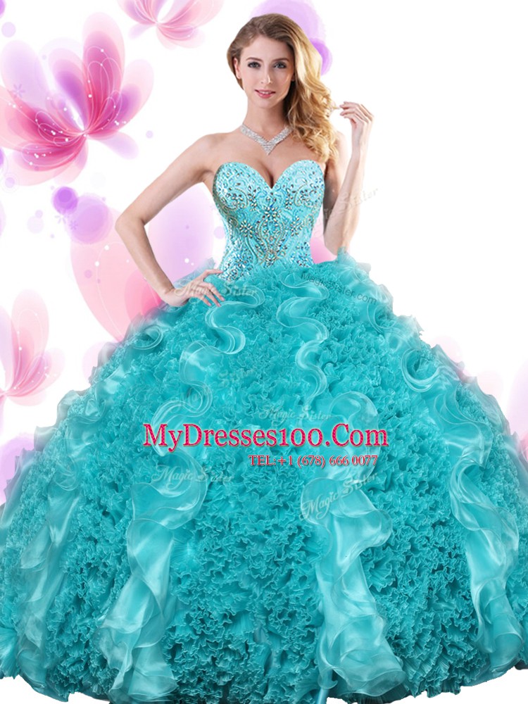 Enchanting Teal Sleeveless Floor Length Beading and Ruffles Lace Up Ball Gown Prom Dress