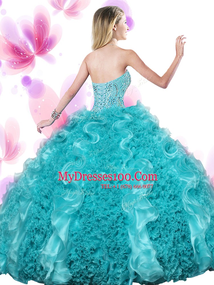 Enchanting Teal Sleeveless Floor Length Beading and Ruffles Lace Up Ball Gown Prom Dress