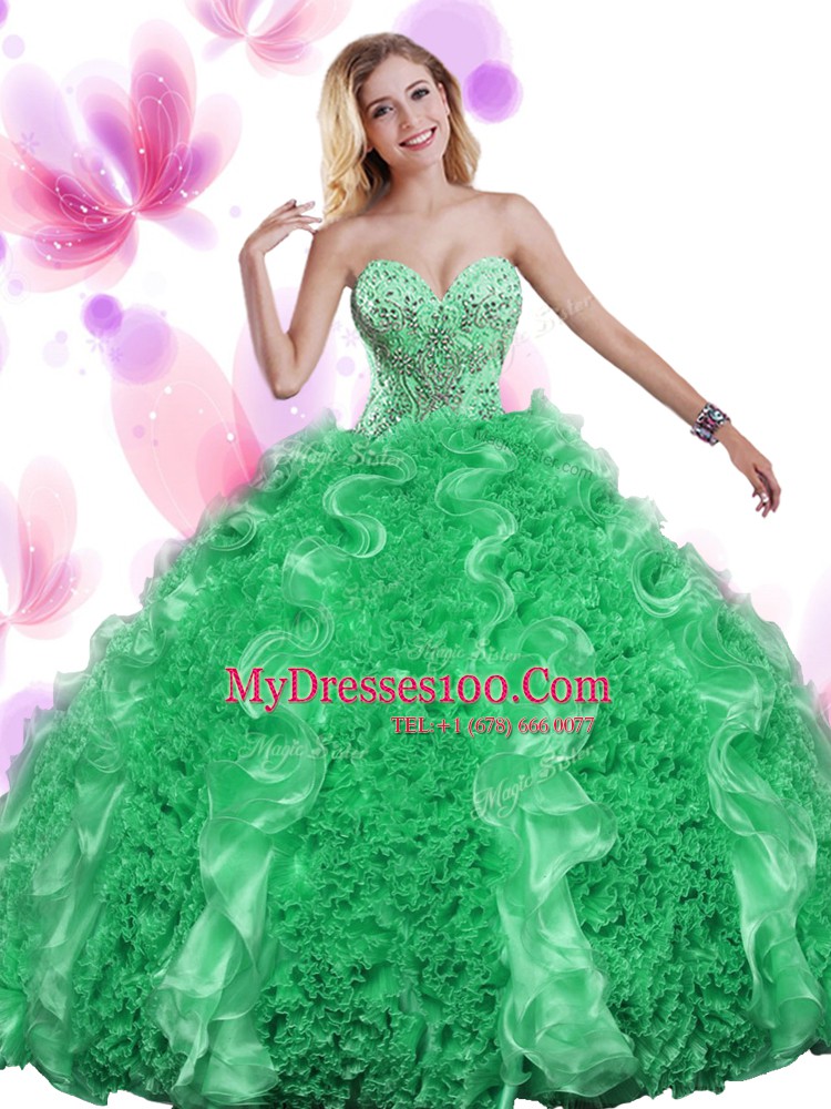 Enchanting Teal Sleeveless Floor Length Beading and Ruffles Lace Up Ball Gown Prom Dress