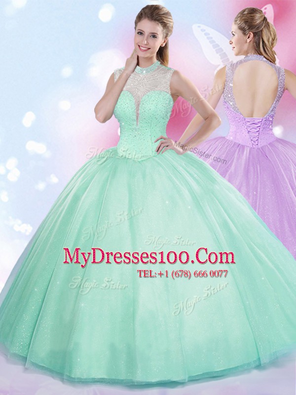Fashionable Apple Green Sleeveless Beading Floor Length Quinceanera Gown