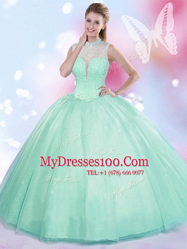 Fashionable Apple Green Sleeveless Beading Floor Length Quinceanera Gown