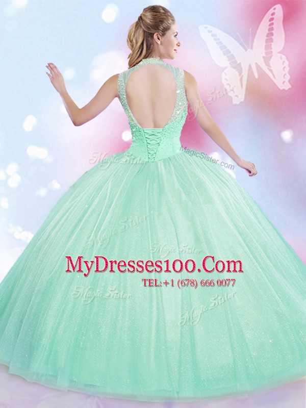 Fashionable Apple Green Sleeveless Beading Floor Length Quinceanera Gown