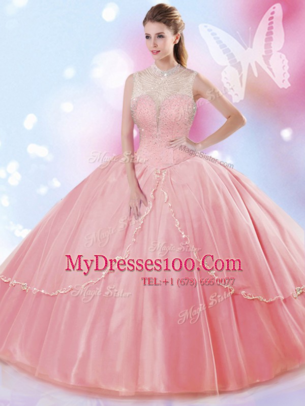 Fitting Watermelon Red Lace Up High-neck Beading Sweet 16 Dresses Tulle Sleeveless