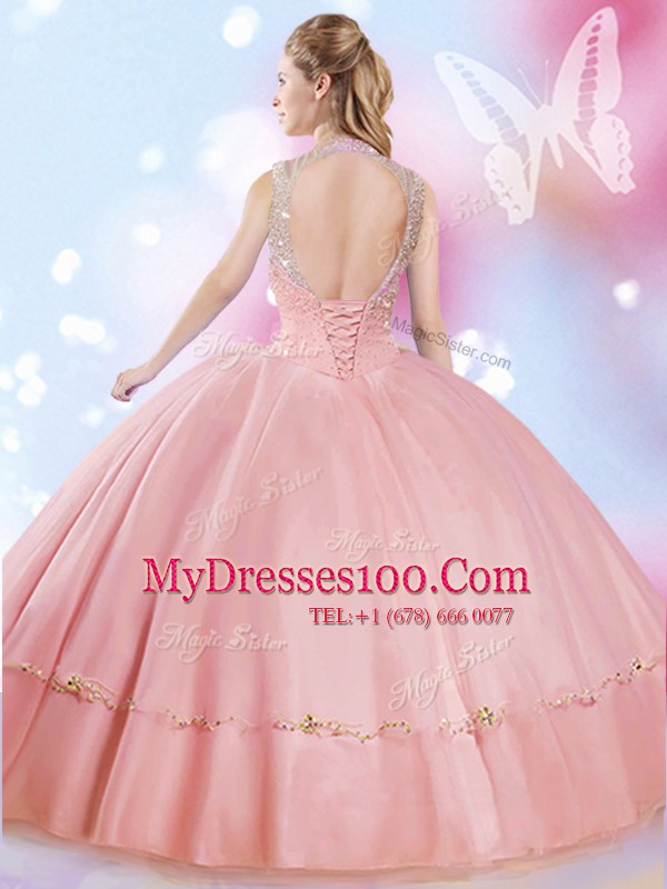 Fitting Watermelon Red Lace Up High-neck Beading Sweet 16 Dresses Tulle Sleeveless