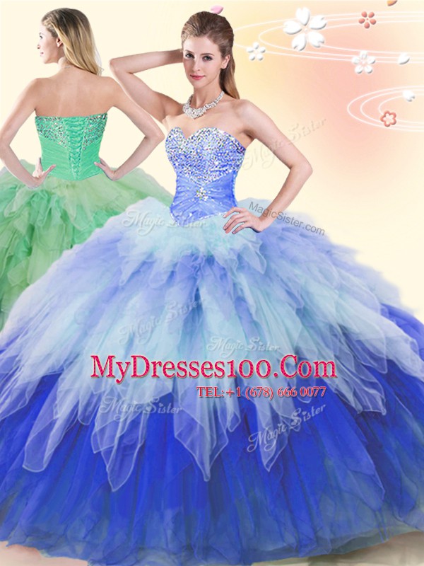 Multi-color Ball Gowns Sweetheart Sleeveless Tulle Floor Length Lace Up Beading and Ruffles Quinceanera Dress