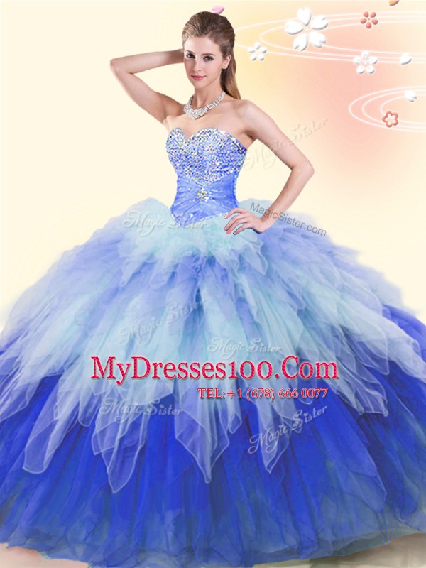 Multi-color Ball Gowns Sweetheart Sleeveless Tulle Floor Length Lace Up Beading and Ruffles Quinceanera Dress