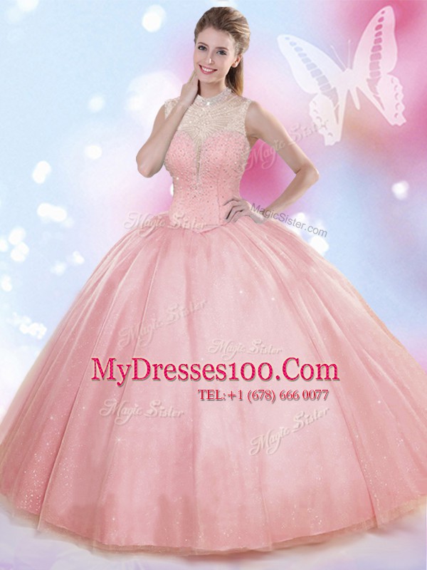 Watermelon Red Ball Gowns Tulle High-neck Sleeveless Beading Floor Length Lace Up Quinceanera Dresses