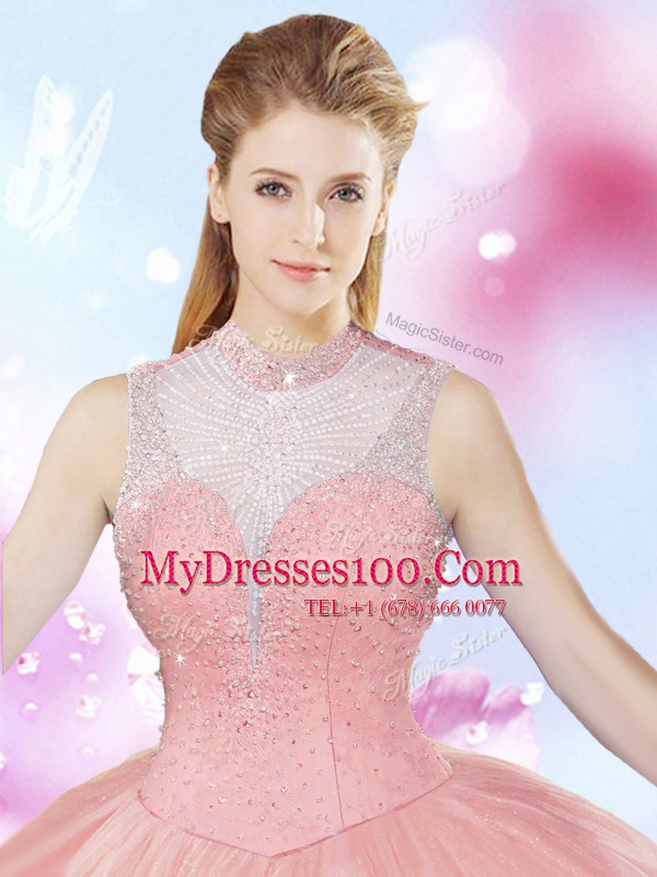 Watermelon Red Ball Gowns Tulle High-neck Sleeveless Beading Floor Length Lace Up Quinceanera Dresses