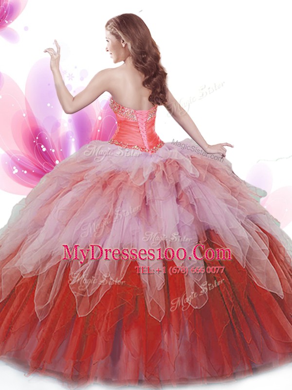 Inexpensive Multi-color Ball Gowns Sweetheart Sleeveless Tulle Floor Length Lace Up Beading and Ruffles Ball Gown Prom Dress