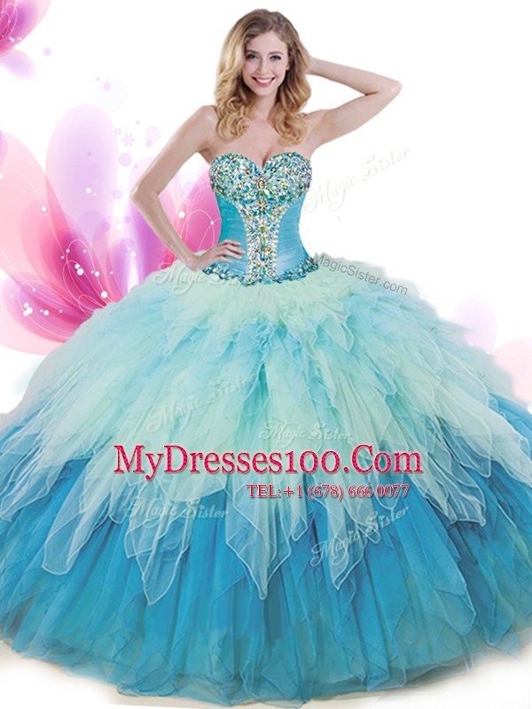 Inexpensive Multi-color Ball Gowns Sweetheart Sleeveless Tulle Floor Length Lace Up Beading and Ruffles Ball Gown Prom Dress