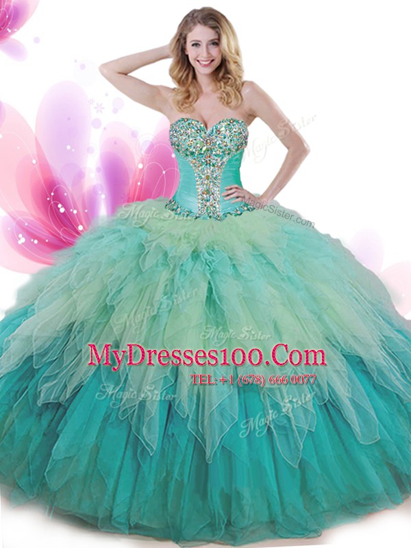 Inexpensive Multi-color Ball Gowns Sweetheart Sleeveless Tulle Floor Length Lace Up Beading and Ruffles Ball Gown Prom Dress