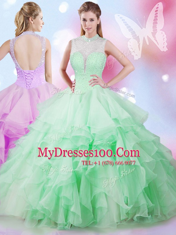 Cheap Apple Green Tulle Lace Up Sweet 16 Dresses Sleeveless Floor Length Beading and Ruffles