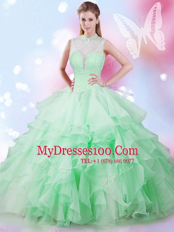 Cheap Apple Green Tulle Lace Up Sweet 16 Dresses Sleeveless Floor Length Beading and Ruffles