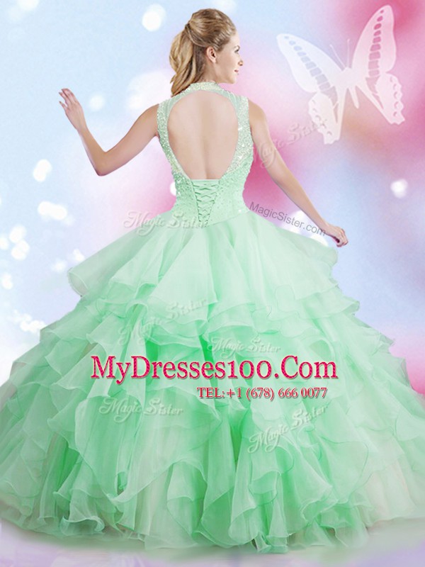 Cheap Apple Green Tulle Lace Up Sweet 16 Dresses Sleeveless Floor Length Beading and Ruffles
