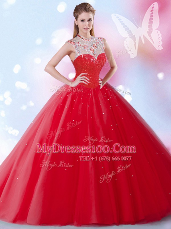 Decent Red Tulle Zipper High-neck Sleeveless Floor Length 15th Birthday Dress Beading and Sequins