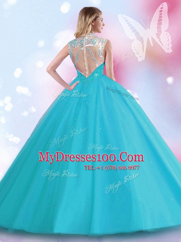 Decent Red Tulle Zipper High-neck Sleeveless Floor Length 15th Birthday Dress Beading and Sequins