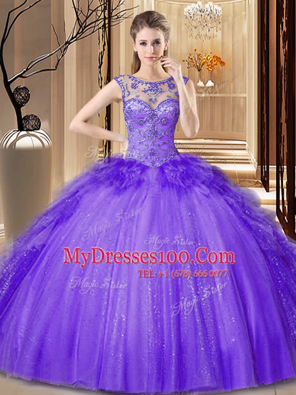 Scoop Sequins Purple Sleeveless Tulle Lace Up Sweet 16 Quinceanera Dress for Military Ball and Sweet 16 and Quinceanera