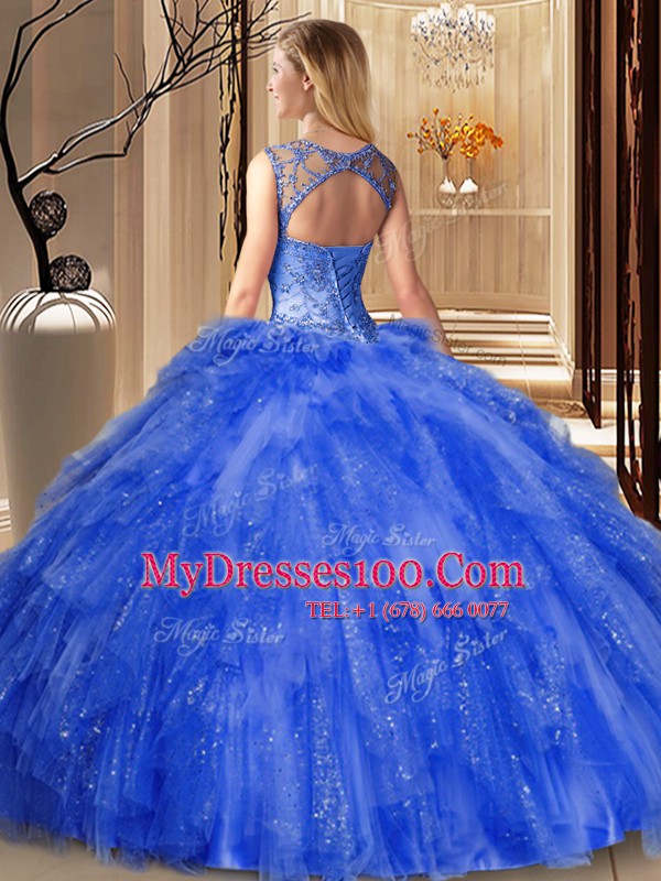 Scoop Sequins Purple Sleeveless Tulle Lace Up Sweet 16 Quinceanera Dress for Military Ball and Sweet 16 and Quinceanera