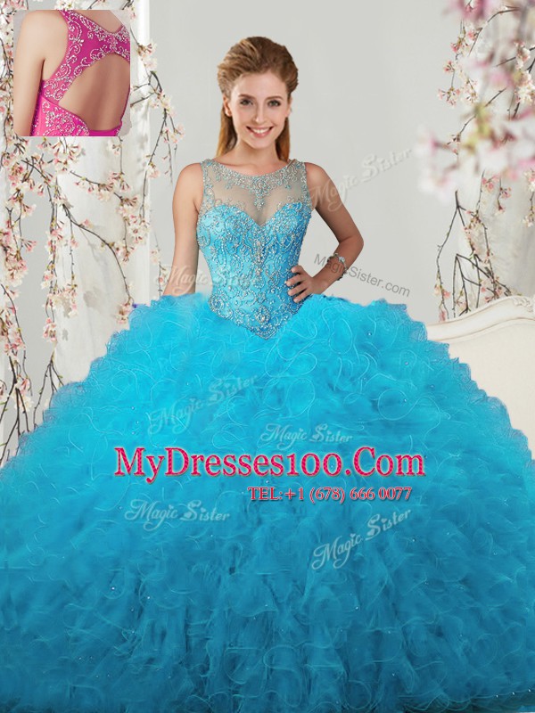 Scoop Sleeveless Tulle Floor Length Lace Up Ball Gown Prom Dress in Baby Blue with Beading and Ruffles