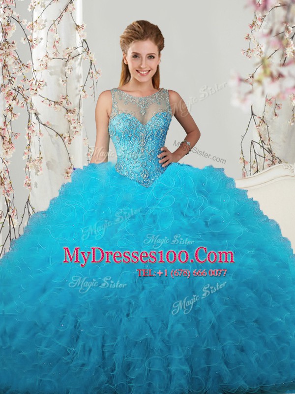Scoop Sleeveless Tulle Floor Length Lace Up Ball Gown Prom Dress in Baby Blue with Beading and Ruffles