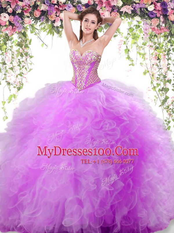Glorious Beading and Ruffles Quinceanera Gowns Lilac Lace Up Sleeveless Floor Length