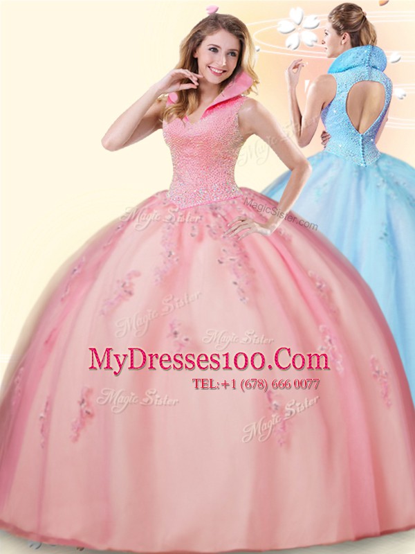 Backless Tulle Sleeveless Floor Length Quinceanera Gown and Beading and Appliques