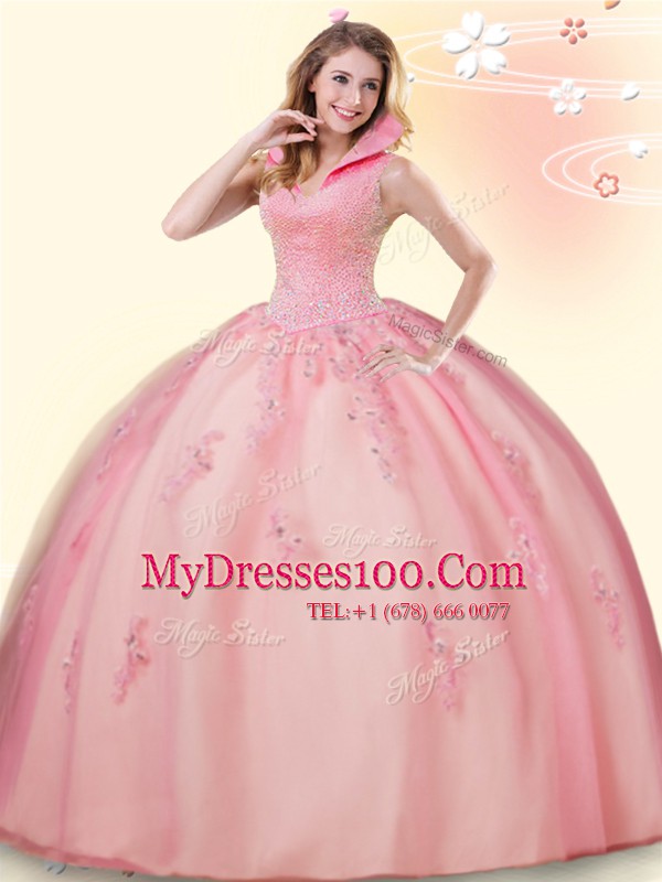 Backless Tulle Sleeveless Floor Length Quinceanera Gown and Beading and Appliques