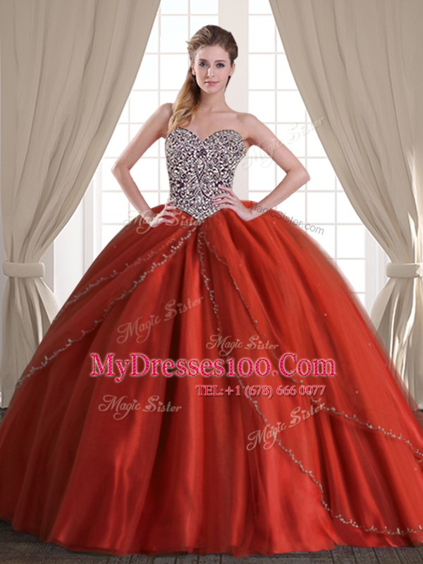Modest Rust Red Tulle Lace Up Quinceanera Gowns Sleeveless With Brush Train Beading