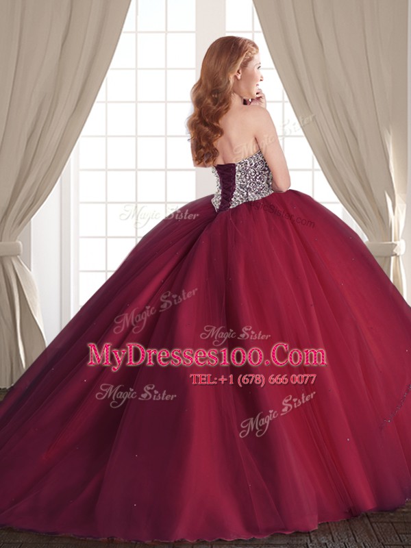 Modest Rust Red Tulle Lace Up Quinceanera Gowns Sleeveless With Brush Train Beading