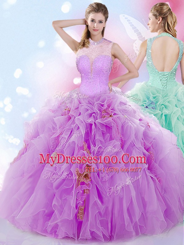 Lilac Lace Up Halter Top Beading and Ruffles Ball Gown Prom Dress Tulle Sleeveless