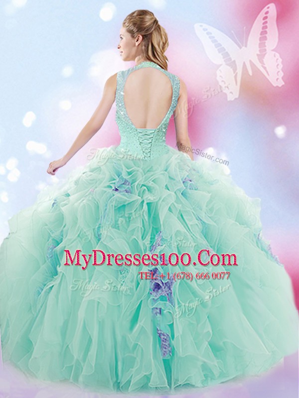 Lilac Lace Up Halter Top Beading and Ruffles Ball Gown Prom Dress Tulle Sleeveless