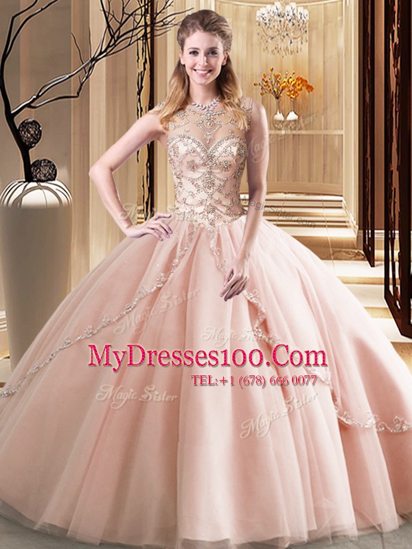 Scoop Peach Lace Up 15 Quinceanera Dress Beading Sleeveless Brush Train