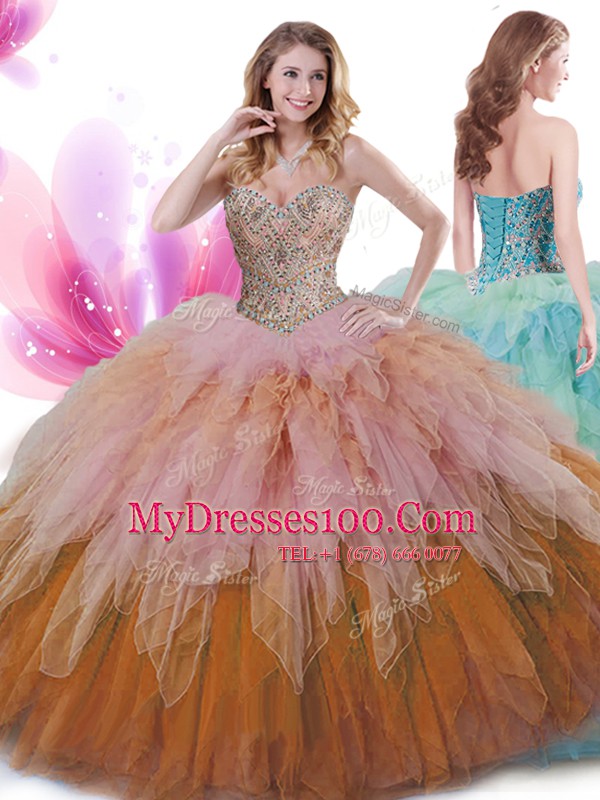 Tulle Sweetheart Sleeveless Lace Up Beading and Ruffles Quinceanera Gown in Multi-color