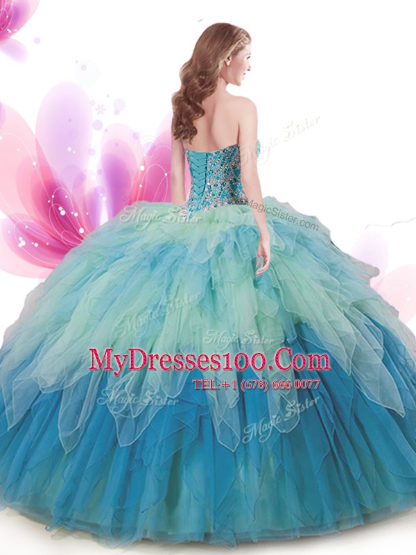 Tulle Sweetheart Sleeveless Lace Up Beading and Ruffles Quinceanera Gown in Multi-color