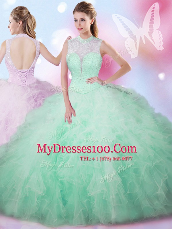 Hot Sale Sleeveless Tulle Floor Length Lace Up Quinceanera Gown in Apple Green with Beading and Ruffles