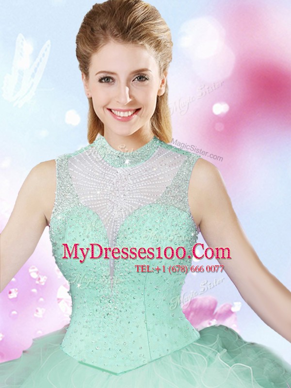 Hot Sale Sleeveless Tulle Floor Length Lace Up Quinceanera Gown in Apple Green with Beading and Ruffles