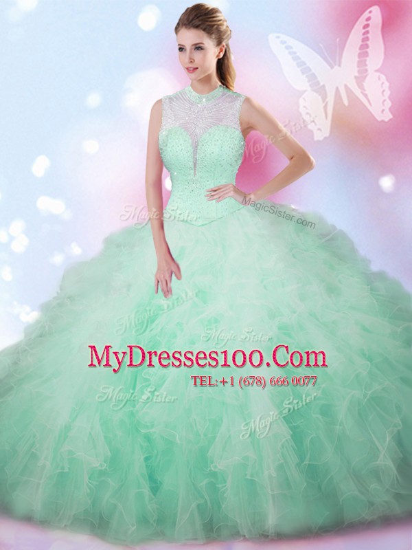 Hot Sale Sleeveless Tulle Floor Length Lace Up Quinceanera Gown in Apple Green with Beading and Ruffles
