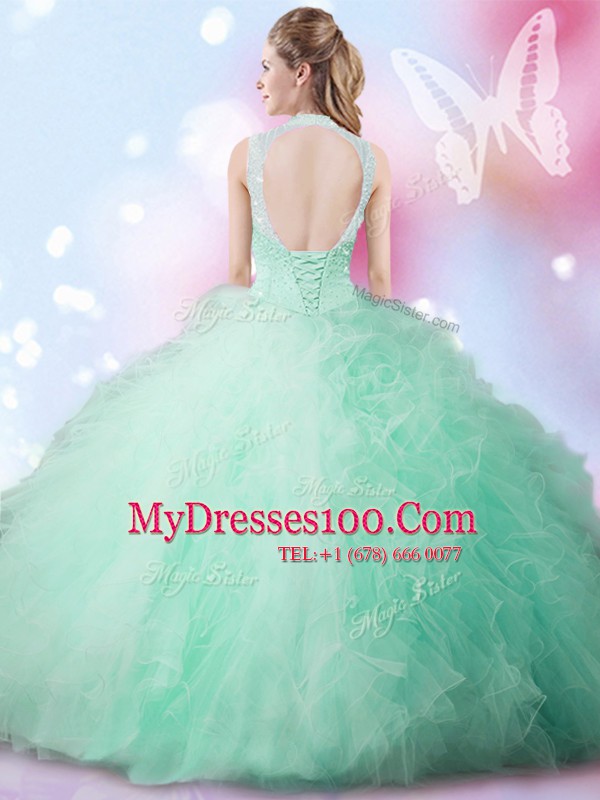 Hot Sale Sleeveless Tulle Floor Length Lace Up Quinceanera Gown in Apple Green with Beading and Ruffles
