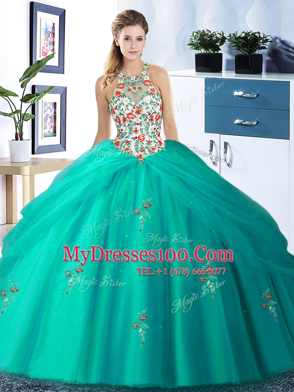 Dynamic Pick Ups Halter Top Sleeveless Lace Up Quinceanera Dresses Turquoise Tulle