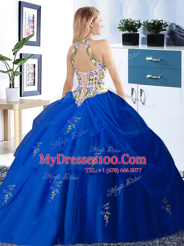 Dynamic Pick Ups Halter Top Sleeveless Lace Up Quinceanera Dresses Turquoise Tulle