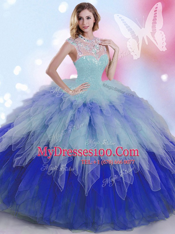 Tulle High-neck Sleeveless Zipper Beading and Ruffles Vestidos de Quinceanera in Multi-color
