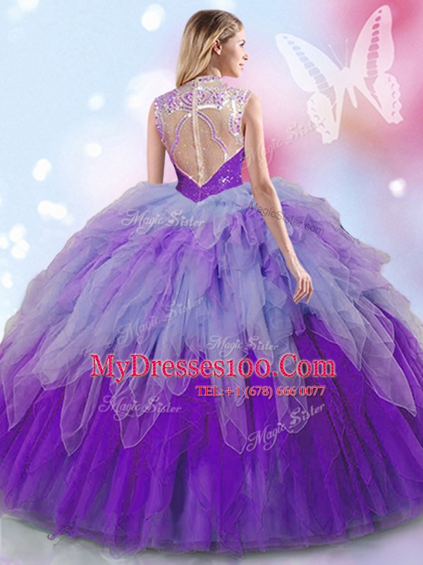 Tulle High-neck Sleeveless Zipper Beading and Ruffles Vestidos de Quinceanera in Multi-color