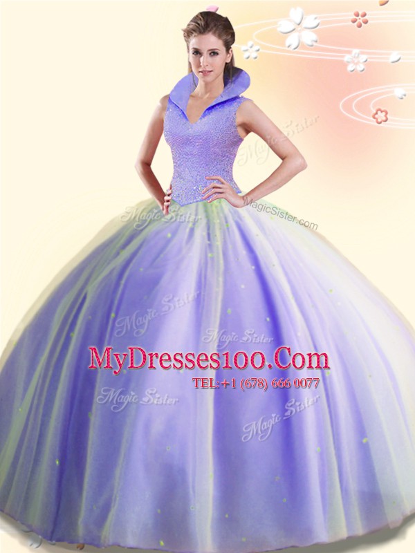 Lavender High-neck Backless Beading Sweet 16 Dresses Sleeveless