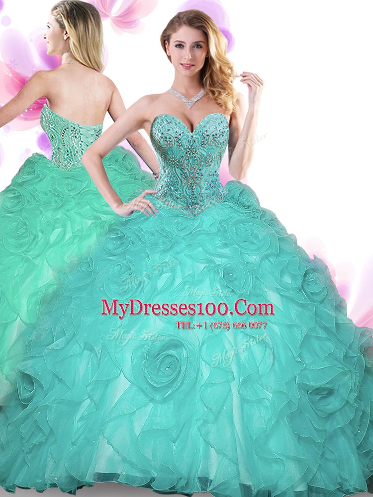New Style Turquoise Lace Up Sweetheart Beading Vestidos de Quinceanera Organza Sleeveless