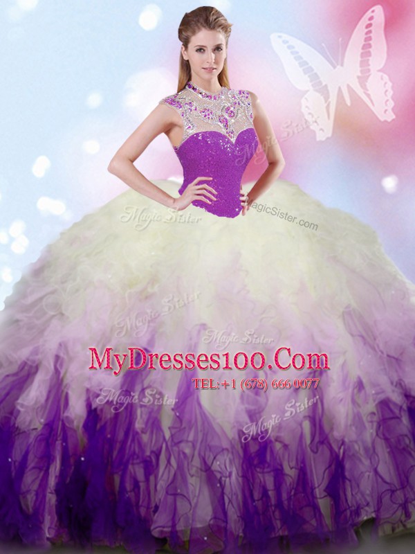 Most Popular High-neck Sleeveless Tulle Quince Ball Gowns Beading and Ruffles Zipper